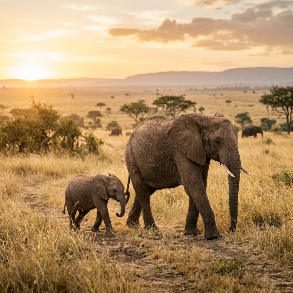 Mother elephant and calf walking together through the savanna