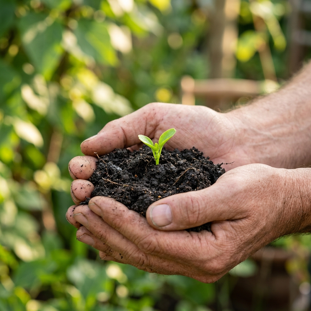 Hands holding soil with a fresh green sprout
