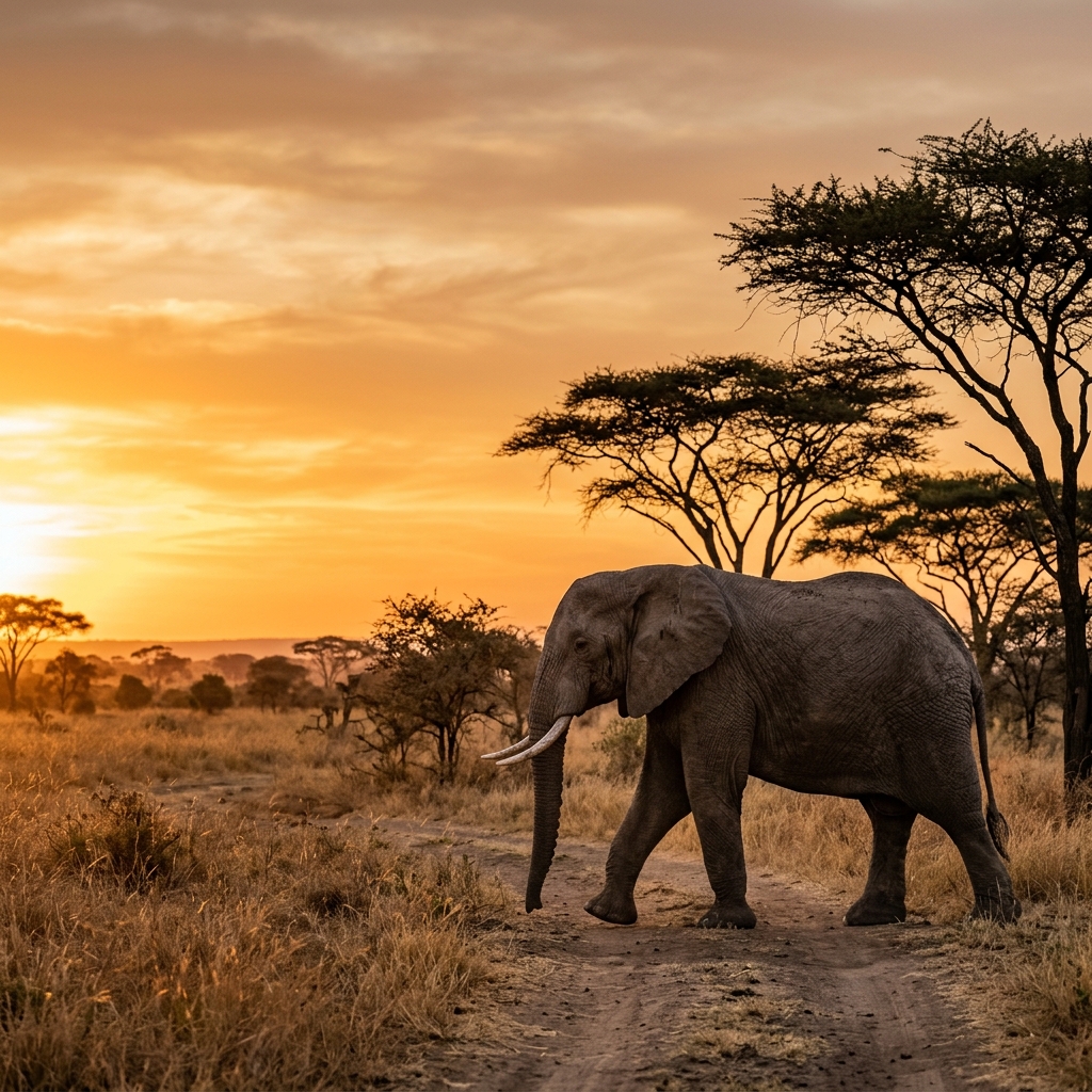 Elephant crossing a dirt road through the savanna at sunset