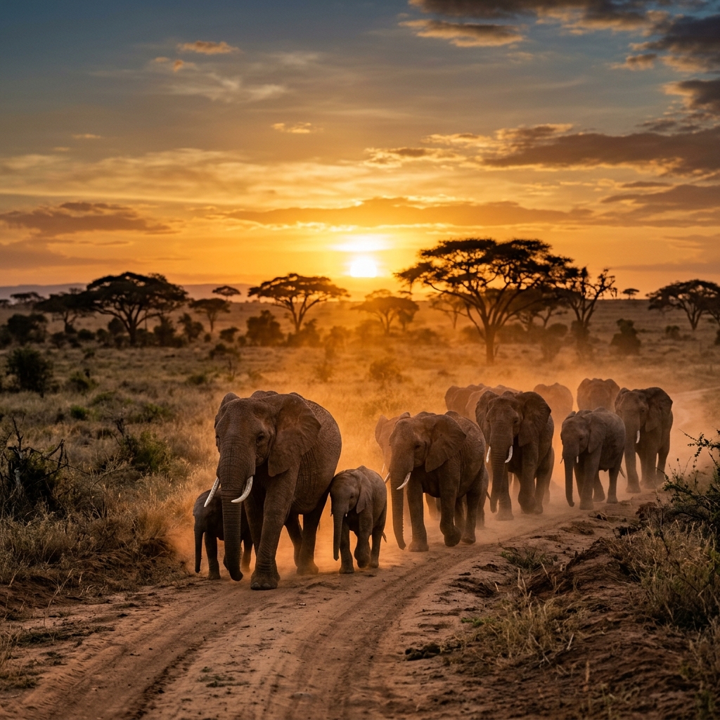 Herd of elephants walking at sunset