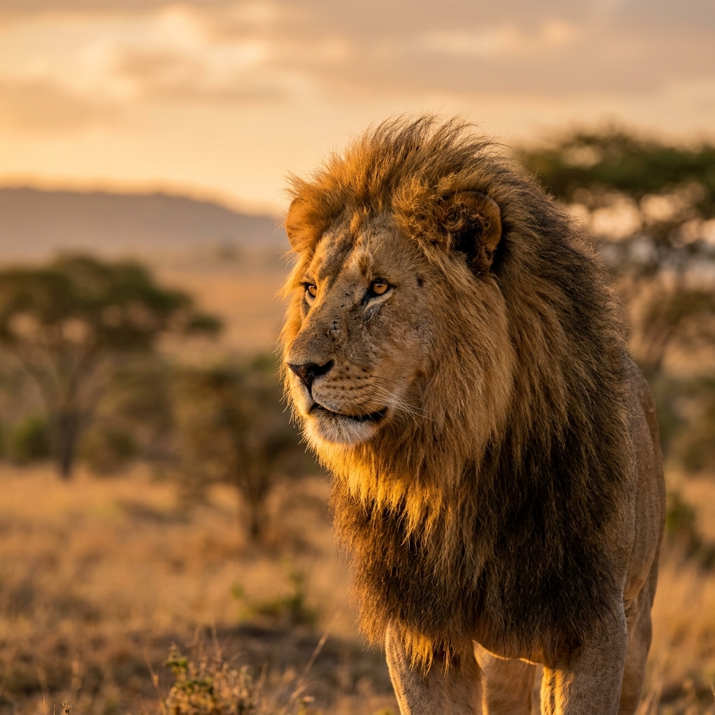 Male lion looking off into the savanna