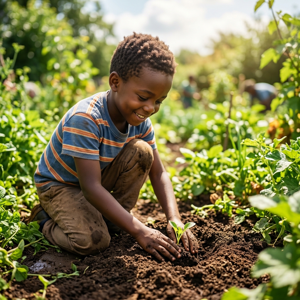 Young student planting seedling
